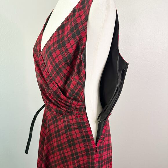 Lauren Ralph Lauren Red Black Plaid Sleeveless Surplice Belted Dress - Size 6 - Picture 5 of 10